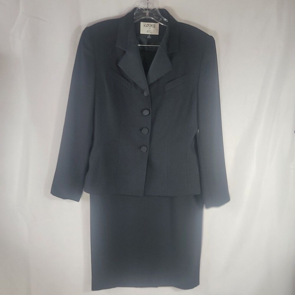 Vintage Kasper ASL Black 2-Piece Blazer & Pencil Skirt Suit Set Satin Collar 6
